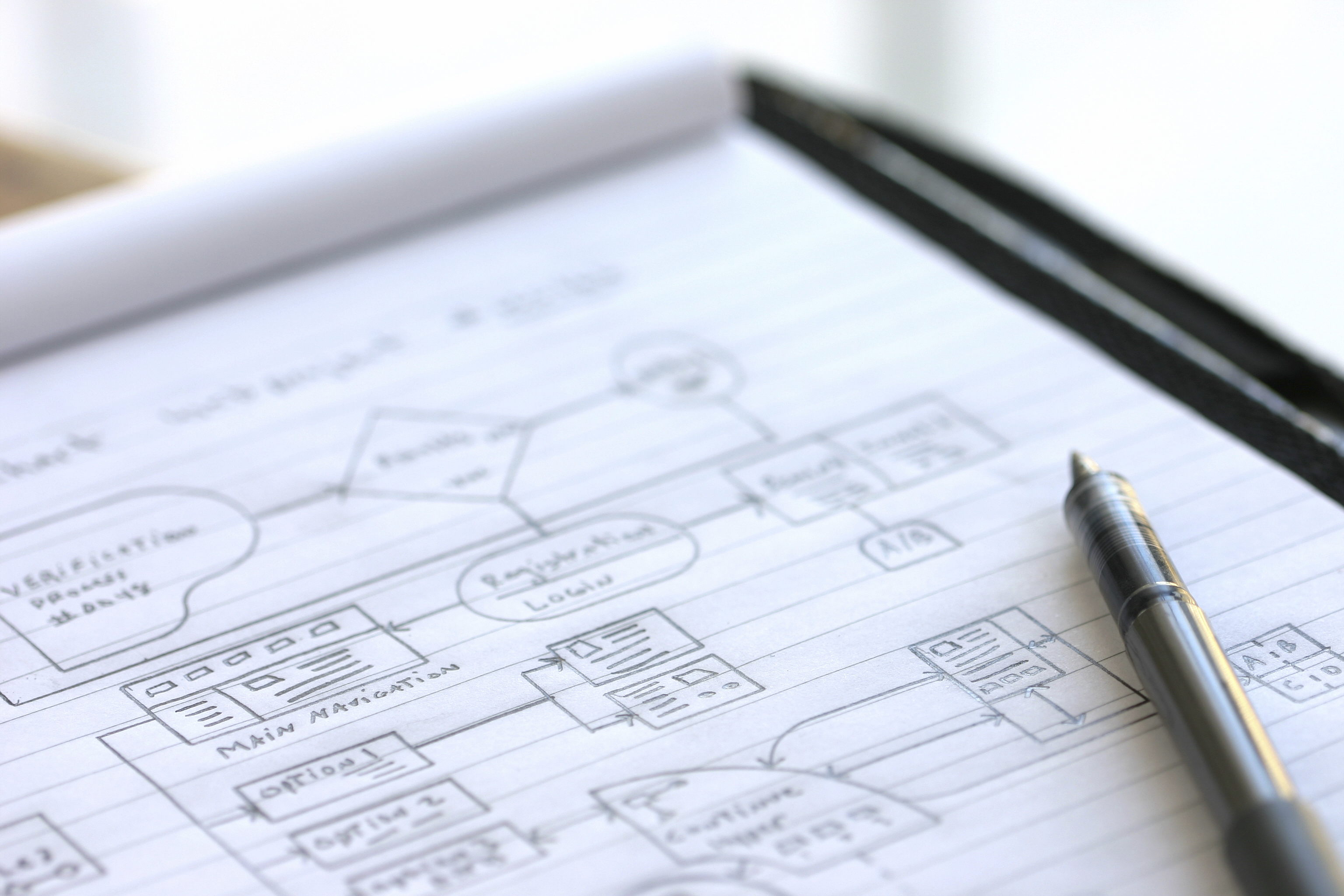 UX wireframe sketch A hand-drawn UX wireframe and flowchart sketch on a notepad