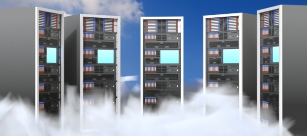 Illustration of server racks amid clouds, representing cloud computing infrastructure